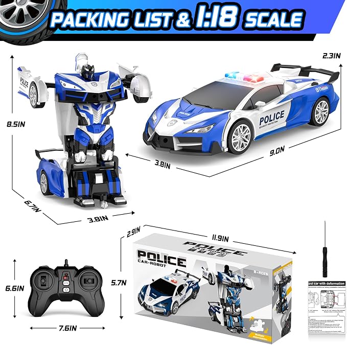 Remote Control Car with One Button Transformation, RC Cars Transforming into Robot, 2.4Ghz 360 Degree Rotation Police Car with Light, 1:18 Scale Transform Toys for Boys Girls Kids 4-7 8-12 6-8