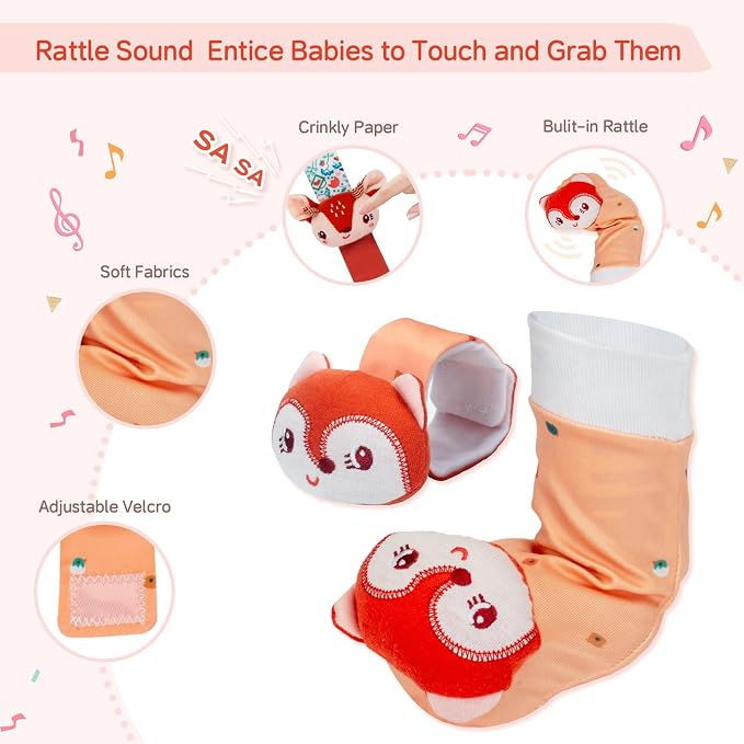 PADONISE Lovely Animal Wrist Rattles & Sock Toy for Baby Infant 0-6 6-12 Month Old Newborn Soft Toy Hand and Foot Finder Girl Boy Birthday Shower Easter Gift Set for Babies