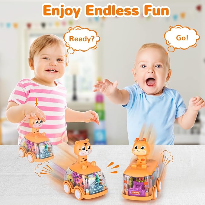 ShinySong Press and Go Car for Toddlers, 2 Pack Light Up Baby Animal Car Toys with Visible Gears, Birthday Gifts for Boys Girls, Giraffe & Tiger