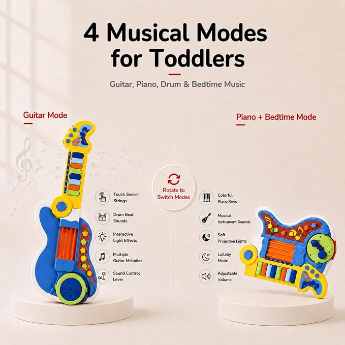 Toddlers Guitar, 4 in 1 Kids Guitar and Piano Guitars for Toddlers 2-4 with Lullaby Projector Toy for Kids Musical Instruments Toys Birthday Gift for a 2 3 4 5 Year Old Boys Girls Gifts