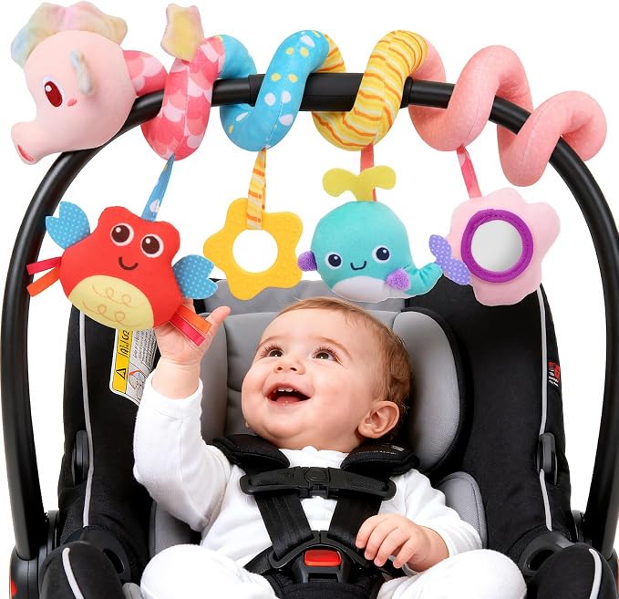 Car Seat Toys for Baby Toys 0-6 Months, Hanging Crib Stroller Toys with Rattle, Mirror, Crinkle, Squeaky Spiral Baby Activity Carseat Sensory Toys for Newborn Infants Girls Birthday Gifts