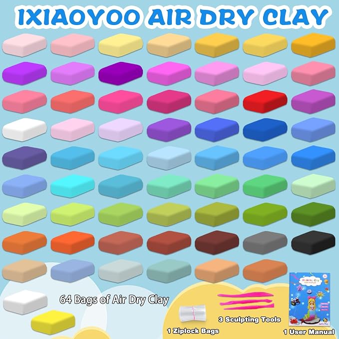 Ixiaoyoo Air Dry Clay for Kids, 64 Colors Modeling Clay, Creative DIY Model School Arts & Crafts Kit with Tools, Soft & Non-Sticky, Home Party Favors, Birthday Toys Gifts for Boys & Girls Aged 3–12