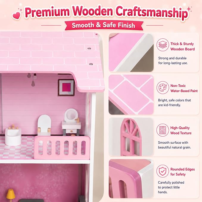 Doll House, Wooden Dollhouse for Girls, Two-Storey Pink Doll House with Furniture, Four Rooms, Pretend Play Toy, Creative Gift for Girls Aged 3+, Birthday Gift for Toddlers and Kids