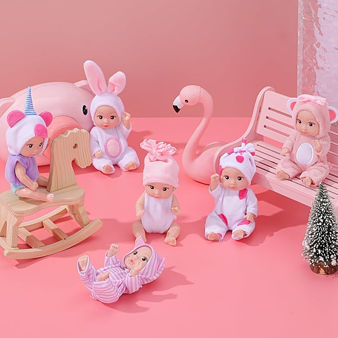 6PCS 4 Inch Realistic Open-Eye Baby Doll Playset - Mini Reborn Baby Dolls with Handmade Pink Clothes, Christmas Easter for Kids Age 3+