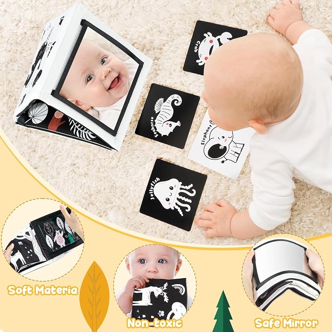 URMYWO Tummy Time Mirror Toys, Visual Stimulation Learning Cards, High Contrast Black and White Baby Toys for Newborn, Soft Baby Book for Infant 0-12 Months, Baby Boy Girl Shower Gift