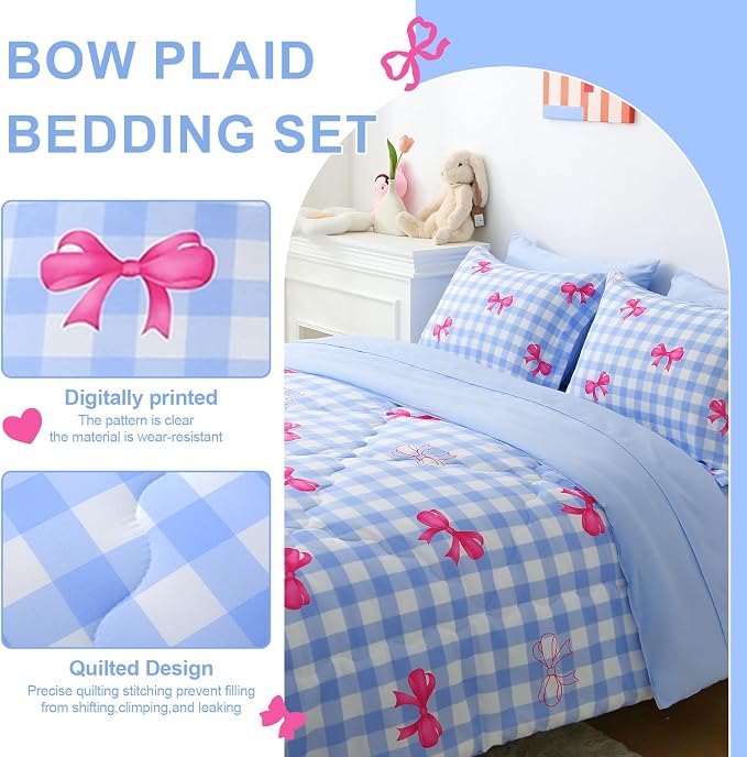 Wajade Bow Comforter Set 7 Piece Blue White Plaid Comforter Sets for Girls Kids Full Size Checkered Bedding Set with Sheet and 2 Pillowcases 2 Pillow Shams Cute Girls Bed in a Bag as Birthday Choice