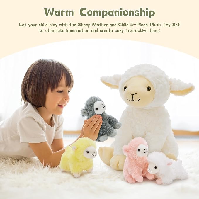 Muiteiur 5Pcs Lamb Stuffed Animals, Soft 13.8" Sheep Stuffed Animals Set for Kids, Cute Sheep Plush with 4 Baby Lamb Toys, Gift for Birthday