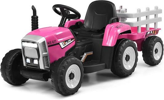 Costzon Ride on Tractor with Detachable Trailer, Kids' Electric Vehicles w/3-Gear-Shift Ground Loader, Wireless Design & USB, 7 LED Headlights, Remote Control Tractor Toy for Kids 3+ (12V, Pink)