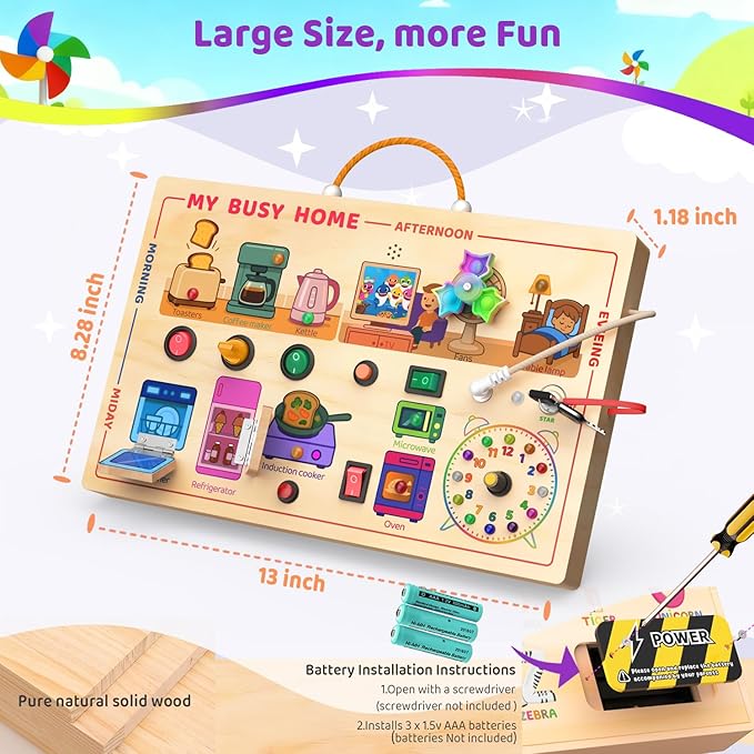 UdoUto My Busy Home Montessori Busy Board for Toddlers 1-3 - Wooden Sensory Activity Board with Kitchen Appliances, Switches, Clock | Educational Fine Motor Skill Toy for 1+ Year Old Girls