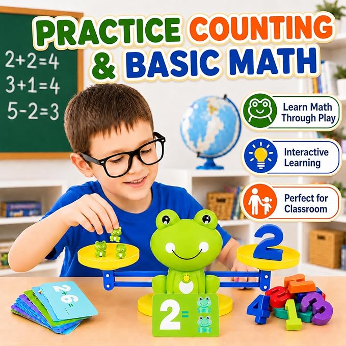 CozyBomB™ Homeschool Kindergarten Frog Scale Cards Balance Board Game - Preschool Math Learning Stem Montessori Toys Educational Gifts for Boy Girl Ages 3 4 5 6 Year Old Birthdays Christmas Holidays