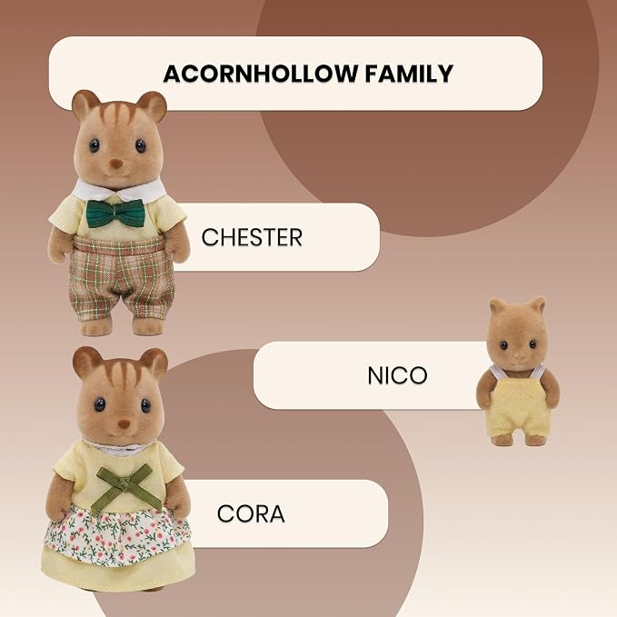 Family Brown Chipmunk Figures — Set of 3 Collectible Flocked Mini Dolls with Removable Clothes, Dollhouse Pretend Play Set for Kids Ages 3+
