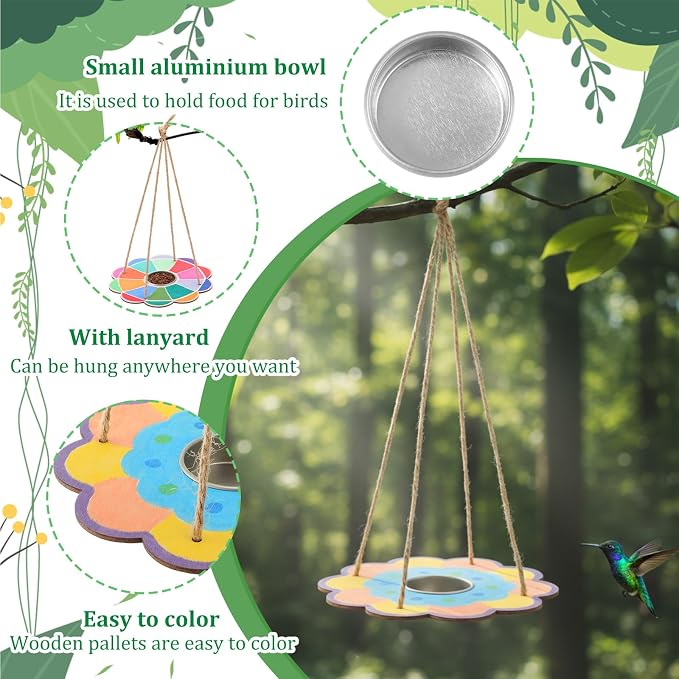 DoubleFill 48 Pack Bird Feeder Craft Kits for Kids Ages 3-8 Bird Feeder Craft Kits with Stainless Steel Bowls DIY Kids Crafts Wooden Art Painting Outdoor Bulk Toys for Children VBS Crafts