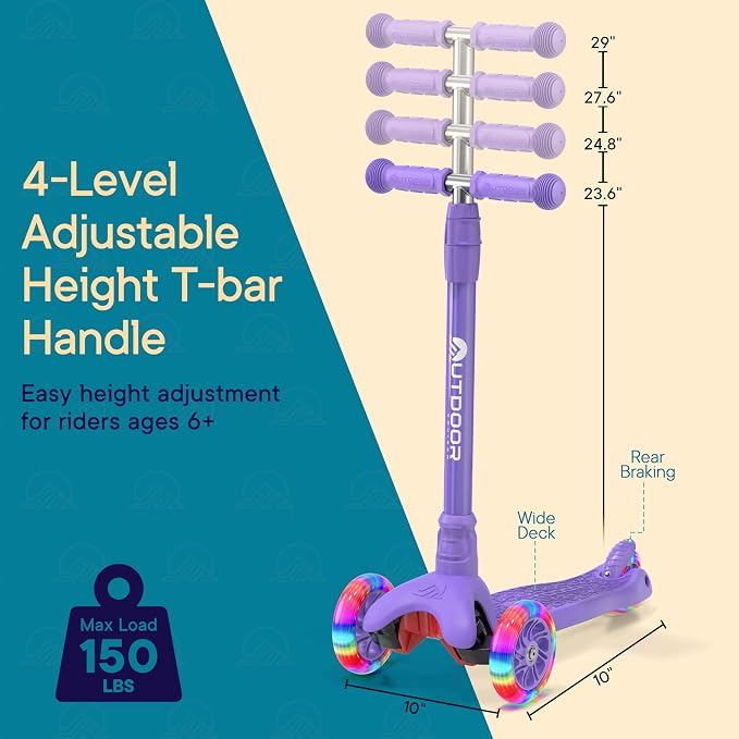 Outdoor Cruiser 3-wheel Kids Scooter – With Lean-to-steer Technology, Wide Deck, Led Lighted Wheel, 4-level Adjustable Height T-bar Handle, Support Kid Up to 150 Lbs, for Boys & Girls Ages 3-8, Purple