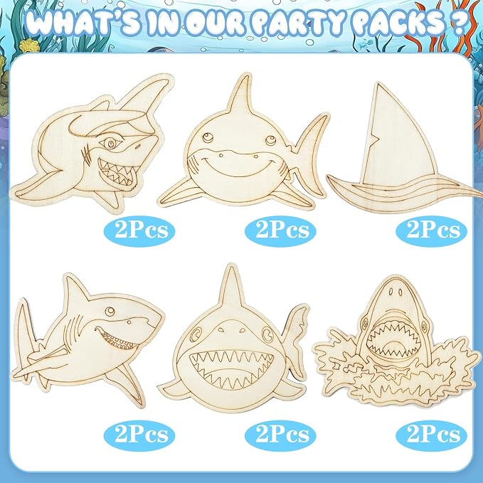 Xvvti 12PCS Shark Party Favors- DIY Shark Wood Painting Kits with Art Supplies – Fun Thank You Gifts, Birthday Party& Goodie Bag Stuffer