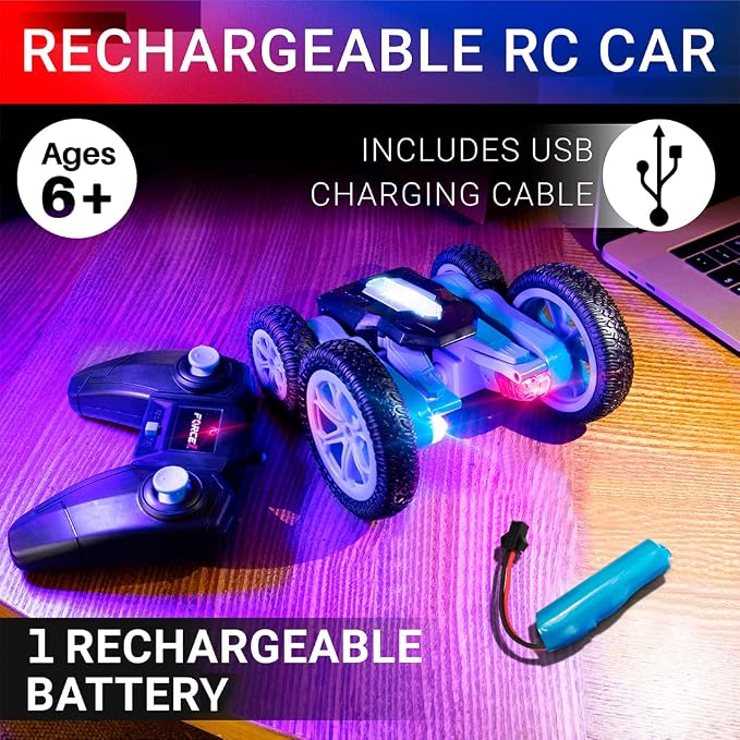 Force1 Tornado Blue LED Remote Control Car for Kids- Double Sided Driving Fast RC Cars 360 Flips, Outdoor 4WD Off Road Stunt RC Car, All Terrain Tires, RC Crawler Rechargeable Battery, 2.4GHz Remote
