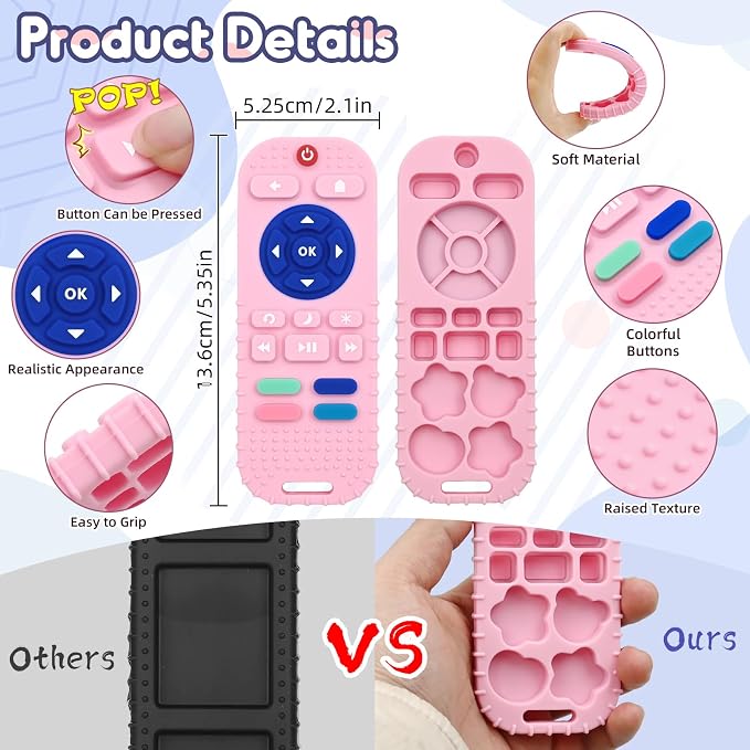 Baby Teething Relief Sensory Chew Toys for 3 6 9 12 Months, Silicone Infant Teether Remote Control Bath Toy for Newborn Toddlers Boy Girl Autism Baby Shower Birthday or Easter Gifts, Dark Pink