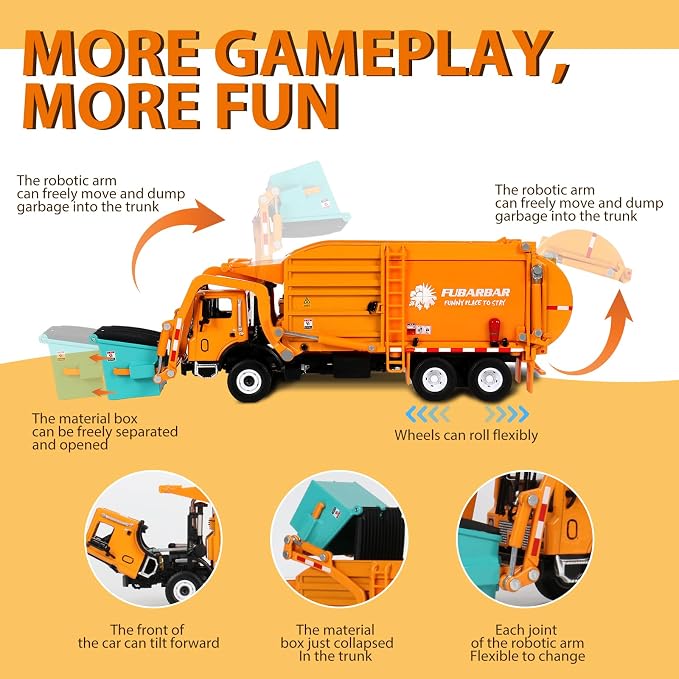 FUBARBAR Truck Toy Model – 1:43 Diecast Metal Garbage Recycling Waste Transport Truck with Trash Bin, Pull Back Model Car Toy for Kids 4-6 Age Boys Birthday Gift (Orange)