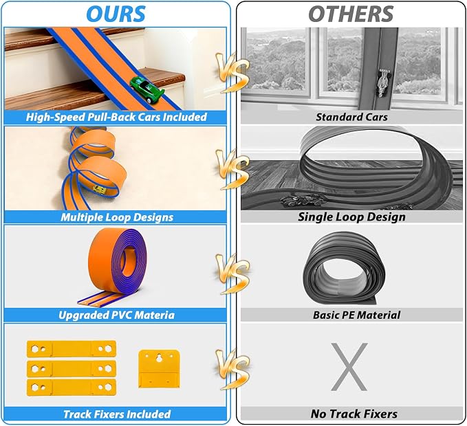 15 Ft Orange Flexible Race Car Track for Kids,Flex Track Starter Set Compatible with Hot Wheels and Diecast 1/64th Cars,Portable Racetrack Roll Up Race Track with 4 Racecars and Suction Cups