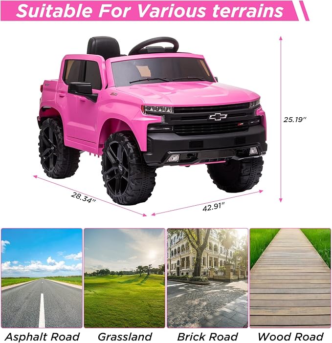 Kids Ride on Vehicle with Remote Control for 3-8 Years Toys,12V Licensed Chevrolet Silverado GMC Powered Wheels Electric Car, MP3 Music,FM Radio, Spring Suspension, LED Light,Pink