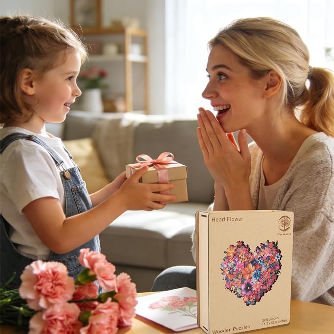 Mys Aurora Puzzles Gifts Heart Flower Wooden Puzzles for Adults, 200 Pieces Unique Shaped Jigsaw Puzzles for Mom, Fun Challenge Family Game 11.2'' x 10.8'' FSC Certified