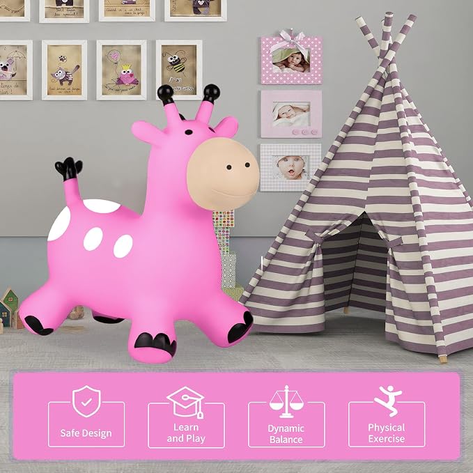 INPANY Giraffe Pink Bouncy Horse Hopper - Toddler Hopping Toys, Inflatable Animal Hopper, Jumping Horse, Outdoor Indoor Ride on Rubber Bouncer, Birthday Gift for 2 3 4 Year Old Boy Girl