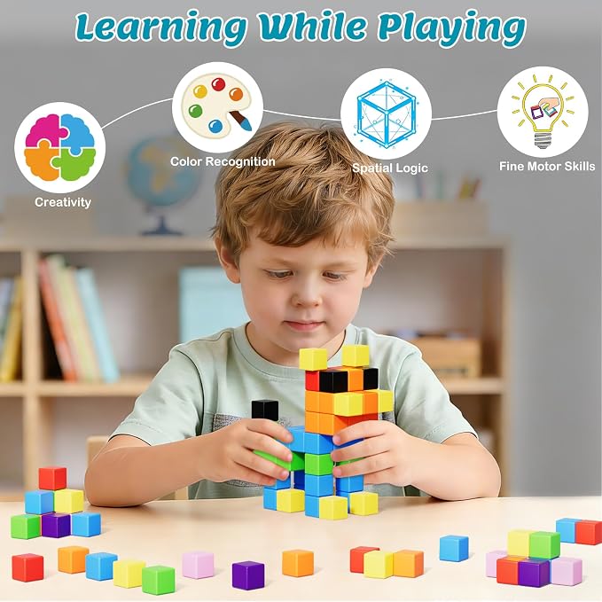 72pcs Magnetic Blocks for Kids, Magnetic Building Cubes for Toddlers 3-5, Preschool STEM Educational Sensory Montessori Square Toy for 3 4 5 6 Boys & Girls 72pcs