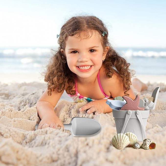 Sand Toys for Kids 8PCS Safe Silicone Beach Toys Grey - with Shovel, Bucket and Sand Molds, Waterproof for Travel Summer