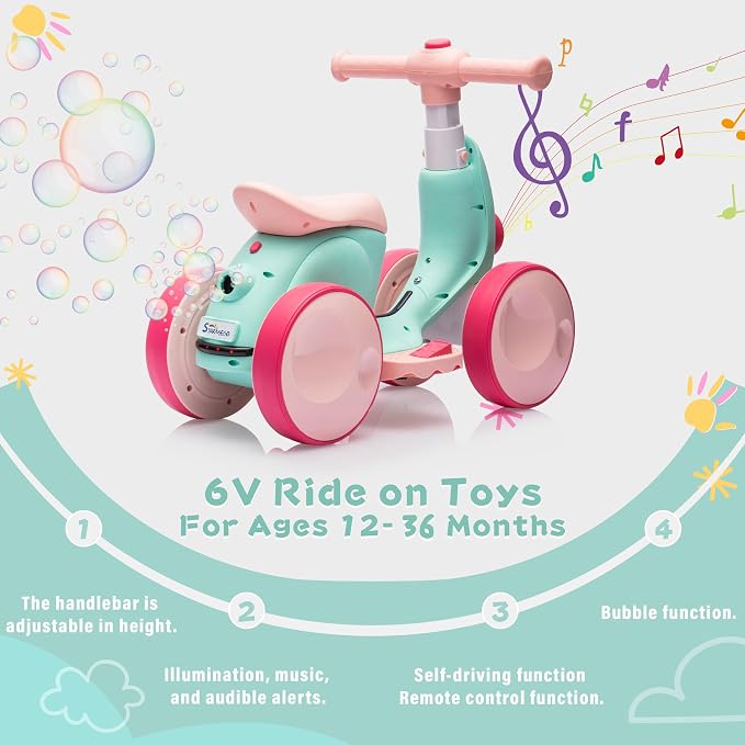JoyRydz 6V Electric Baby Balance Bike with Bubble Machine,4 in 1 Toddler Balance Bike w/Remote for 1 Year Old Boys Girls Kids Bubble Bike Ride on Toys w/Powered Motor,Music,LED Lights (Green&Red)