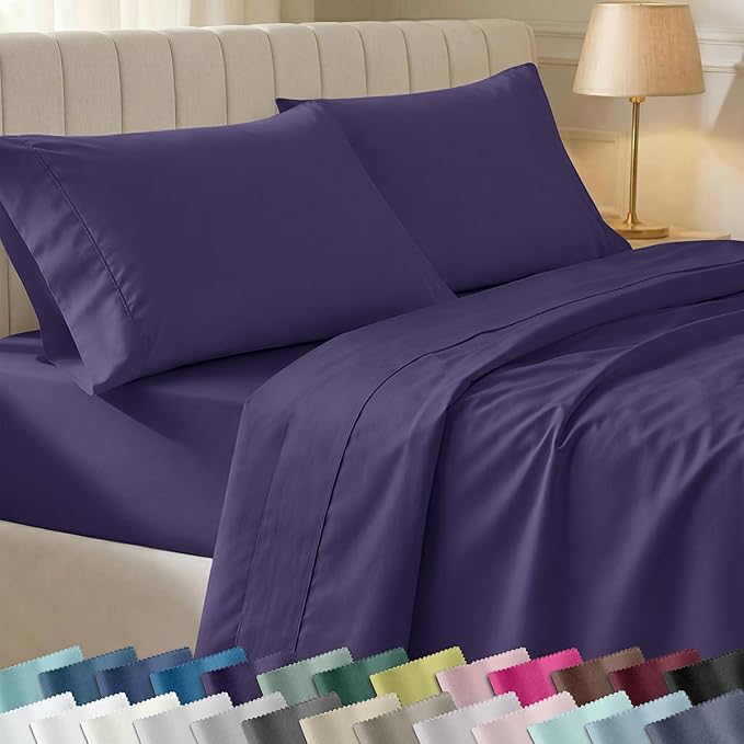 California Design Den Soft King Size Cotton Sheet Sets, 400 TC Good Housekeeping Award Winner, Silky Smooth Sateen Weave with Deep Pockets, Breathable and Durable King Bedding Set - Purple