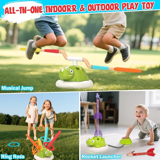 Dinosaur Rocket Launcher for Kids, 3 in 1 Outdoor Toys for Kids Ages 3-8, Stomp Rocket, Musical Jumping Toy & Ring Toss Game , Backyard Toys, Birthday Gift for 3 4 5 6 7 8 Year Old Boys Girls