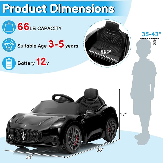 Winado 12V Ride on Car, Licensed Maserati Electric Car for Toddlers W/Remote Control, Battery Car for Kids with Bluetooth, 3 Speeds, LED & Rear Lights, Music & Horn (Black)