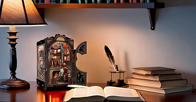 Fsolis Book Nook Kit Cat, DIY Scene Miniature House Kit (Count Cat's Study) | 3D Wooden Puzzles for Adults Booknook for Beginners Bookshelf Nook Decor Mini Building Kit Gift for Women Book Lovers