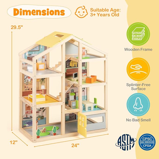 HONEY JOY Doll House, Wooden Dollhouse Playset w/7 Rooms, 21 Accessories & Miniature Furniture, Pretend Play Toys Kit, 2.46 Feet Big Doll House, Christmas Birthday Gift for Girls Boys Age 3+