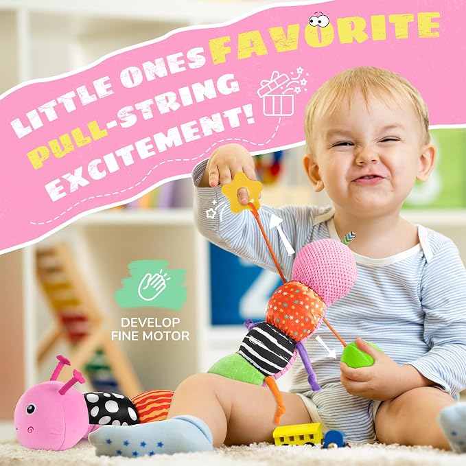 AWOTOY Baby Toys Sensory Music Caterpillar Stuffed Animals Infant Toys,Pink | Teething Toys 0-3-6-12 Months Tummy Time with Mirror Crinkle Rattle&Pull String for Newborn Boys Girls Shower Gifts Birthday