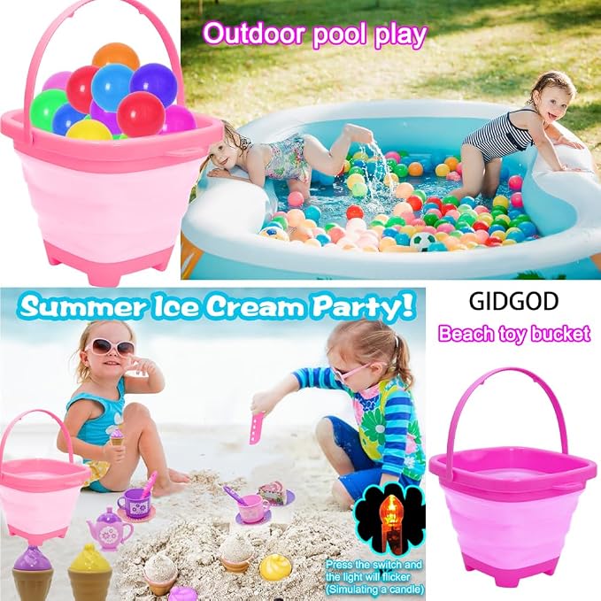 Beach Sand Molds Toys for 2-4 Years Old Girls Kids|Collapsible Sand Bucket Sandbox Toys|Pink Shovels|Sunglasses&Mesh for 3-5 Years Old Toddlers|Travel Sand Toys for Beach Camping