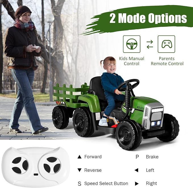 Costzon Ride on Tractor with Detachable Trailer, Kids' Electric Vehicles w/3-Gear-Shift Ground Loader, Wireless Design & USB, 7 LED Headlights, Remote Control Tractor Toy for Kids 3+ (12V, Dark Green)