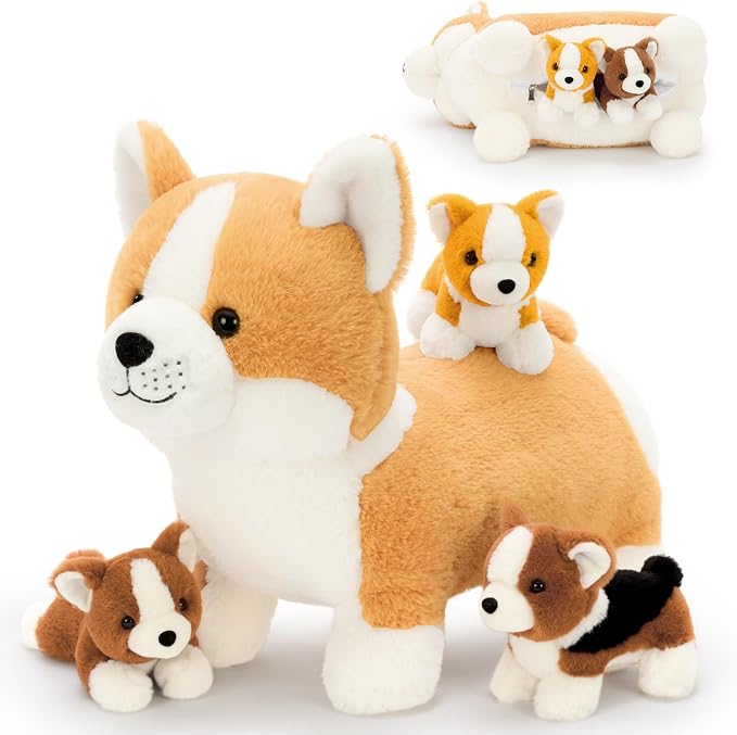 MaoGoLan 4pcs Corgi Stuffed Animal, 15.7 Inch Large Mommy Dog Stuffed Animal with 3 Baby Puppy Plushies, Realistic Cute Stuffed Dog Plush Toys for Kids Girls Boys Gift