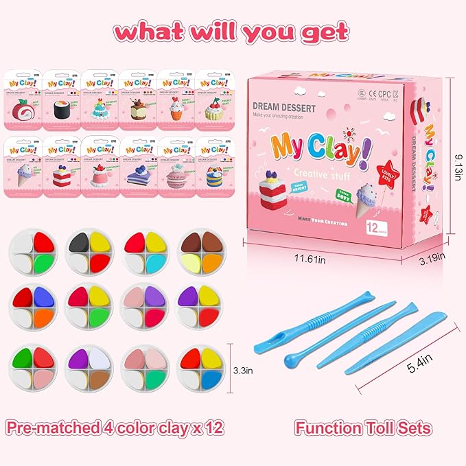 Air Dry Clay Kit, Modeling Clay for Kids, 12 Pack Dessert Theme, Soft Non-Sticky, Non-Toxic DIY Arts & Crafts with Sculpting Tools & Tutorials, Birthday Holiday Classroom Gifts, Party Favors for Kids