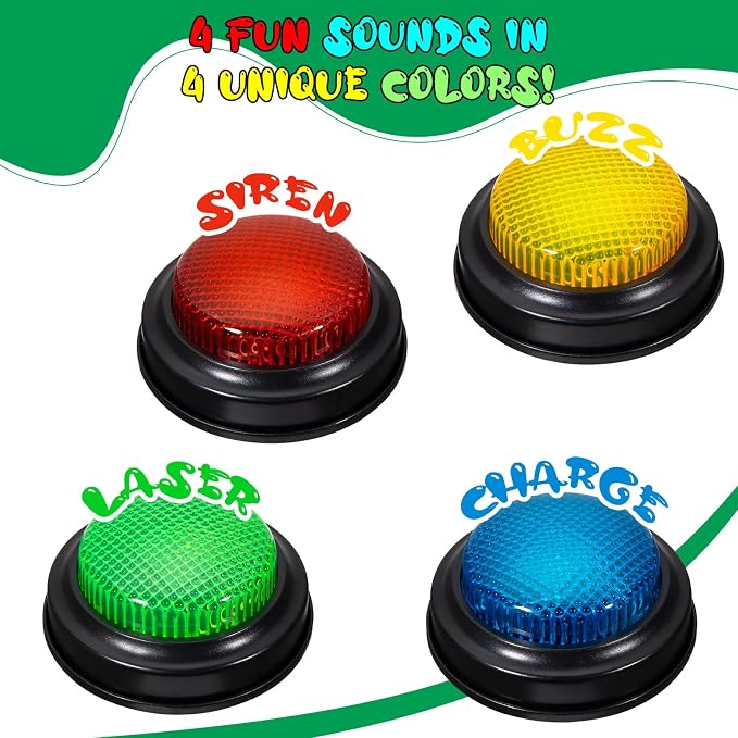 Set of 4 Trivia Game Buzzers with Lights & Sound, Family Feud & Jeopardy Quiz Buttons for Classroom, Party Games, Red/Blue/Yellow/Green