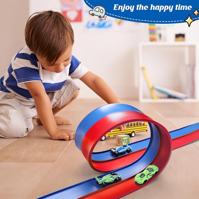 Flexible Race Car Track 15 Ft Starter Set with Suction Cups Compatible with Diecast 1/64th Car for Ages 3 & Up Classic Blue and Red Double Track Long Rolls Up Portable Racetrack