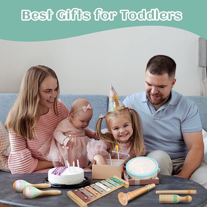 Raimy Kids Musical Instruments Set, Neutral Colors Wooden Montessori Toys | Percussion Instruments Set with Modern Boho Xylophone | Birthday Gifts for Baby Toddlers Boys Girls with Storage Bag