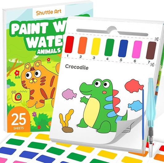 Shuttle Art Paint with Water Coloring Book for Kids, 25 Animals Themed Pages with 2 Brushes, Mess-Free Watercolor Paint Set, Travel-Friendly Art Craft Gift for Toddlers, Birthday Christmas Gift