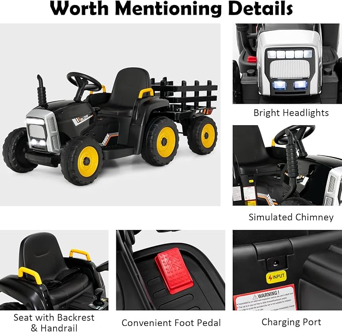 HONEY JOY Ride On Tractor with Trailer, 12V Electric Vehicle for Kids, 3-Gear-Shift Ground Loader, LED Lights, Horn, Music, Battery Powered Ride On Car with Remote Control, Gift for Boys Girls(Black)