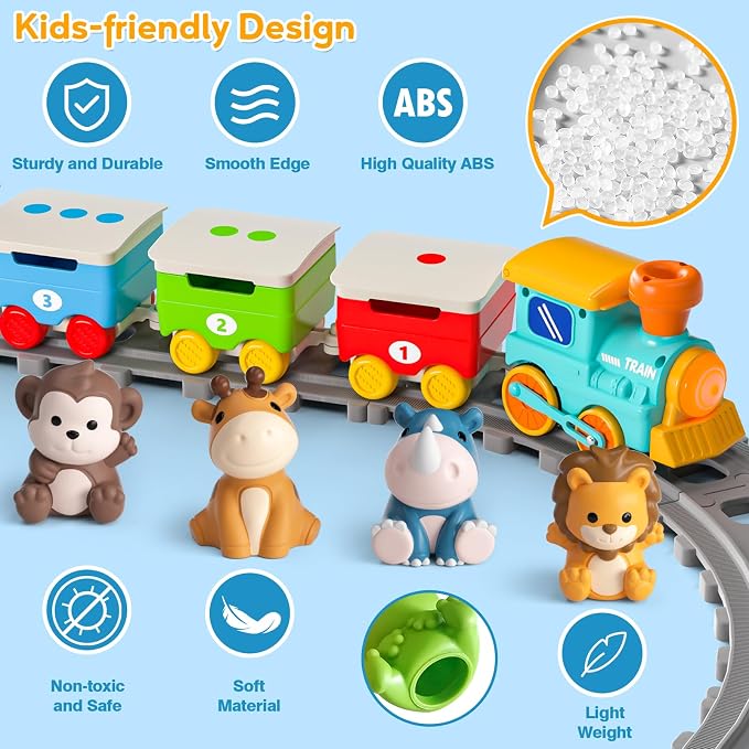 Zoo Animal Train Toys for Toddlers 2-4, Kids Electric Train Set with Music, Steam & Lights, Montessori Learning Toys with Finger Puppets, Christmas Birthday Gifts for Boys Girls Age 18 Months+