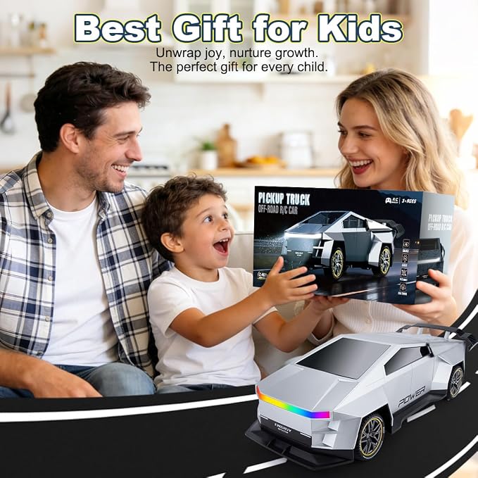 Remote Control Car，All Terrain 2.4GHz RC Truck for 3-12 Year Old Boys, Electric Vehicle RC Car with LED Lights for Kids, Birthday Gifts for Kids (Silver)