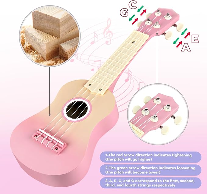 Pink Kids Guitar Set - 8 in 1 Toddler Musical Instruments,Montessori Wooden Ukulele Xylophone Tambourine Maracas Flute,Toy Guitar for Toddler Girl Ages 1-3, Toddler Girl Gifts for 2 Year Old