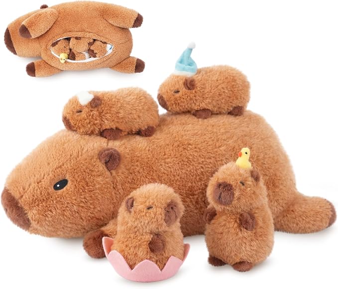 SuzziPals Lotus Capybara Stuffed Animal with Babies Inside, 5PCS Capybara Plush Set with Mommy & 4 Baby Capybaras, Soft Pillow Plush for Bedroom Decor, Birthday Easter Gift for Kids & Capibara Lovers