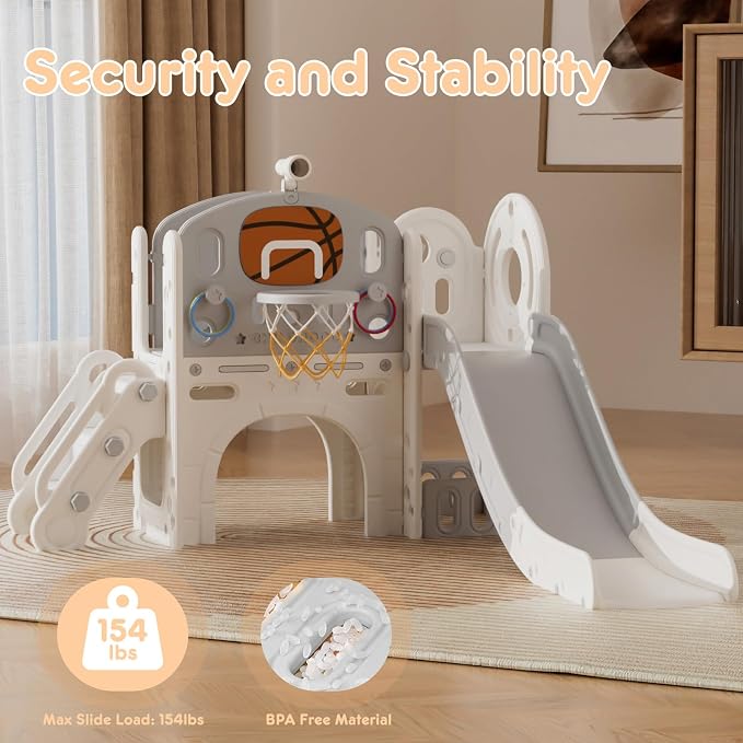 XJD 8 in 1 Toddler Slide Set, Kids Slide for Toddlers Age 1+, Climber Slide PlaySet with Basketball Hoop and Ball,Outdoor Indoor Playground for Toddlers 1-3 (Beige Grey, 8 in 1)
