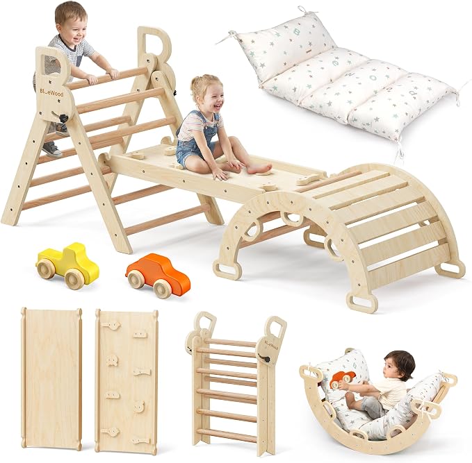 BlueWood Pikler Triangle Set with Cushion - Climbing Toys for Toddlers 9-in-1, Montessori Philosophy Play Jungle Gym with Arch, Ramp, Ladder (Natural Color)