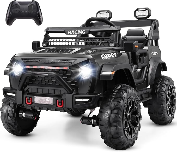 Hikole 24V Ride on Car with Remote Control, 2 Seater Electric Car for Kids w/20 Inch Wide Seat, 4x100W Motor, LED Headlight & Music Player, Power Car Wheels Ride on Toys for Boys Girls, Black